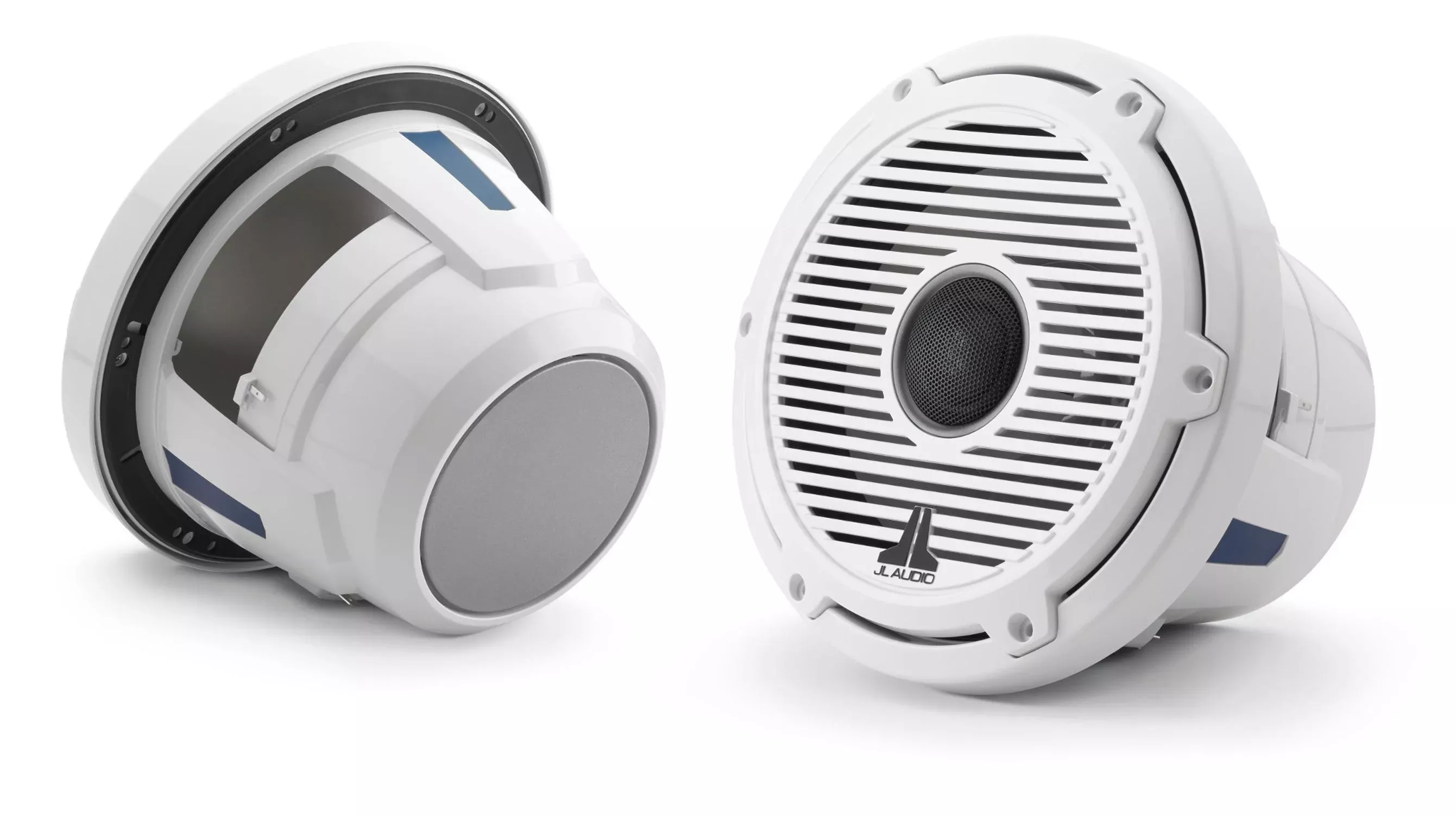 JL Audio 8.8-Inch Marine Coaxial Speakers Gloss White Classic Grille Black Mesh